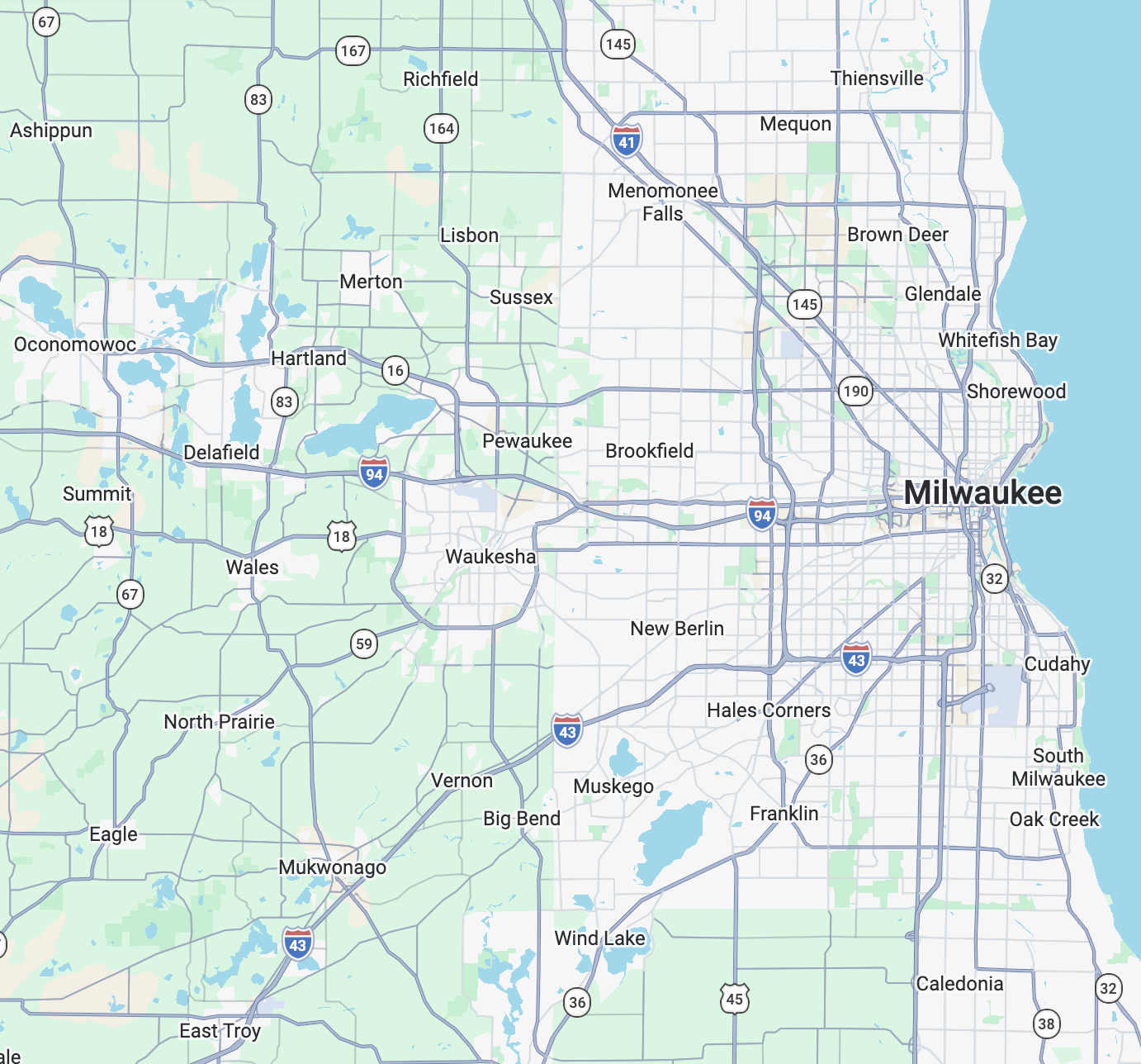 Road map of Southeast Wisconsin with city names, major highways, and Lake Michigan